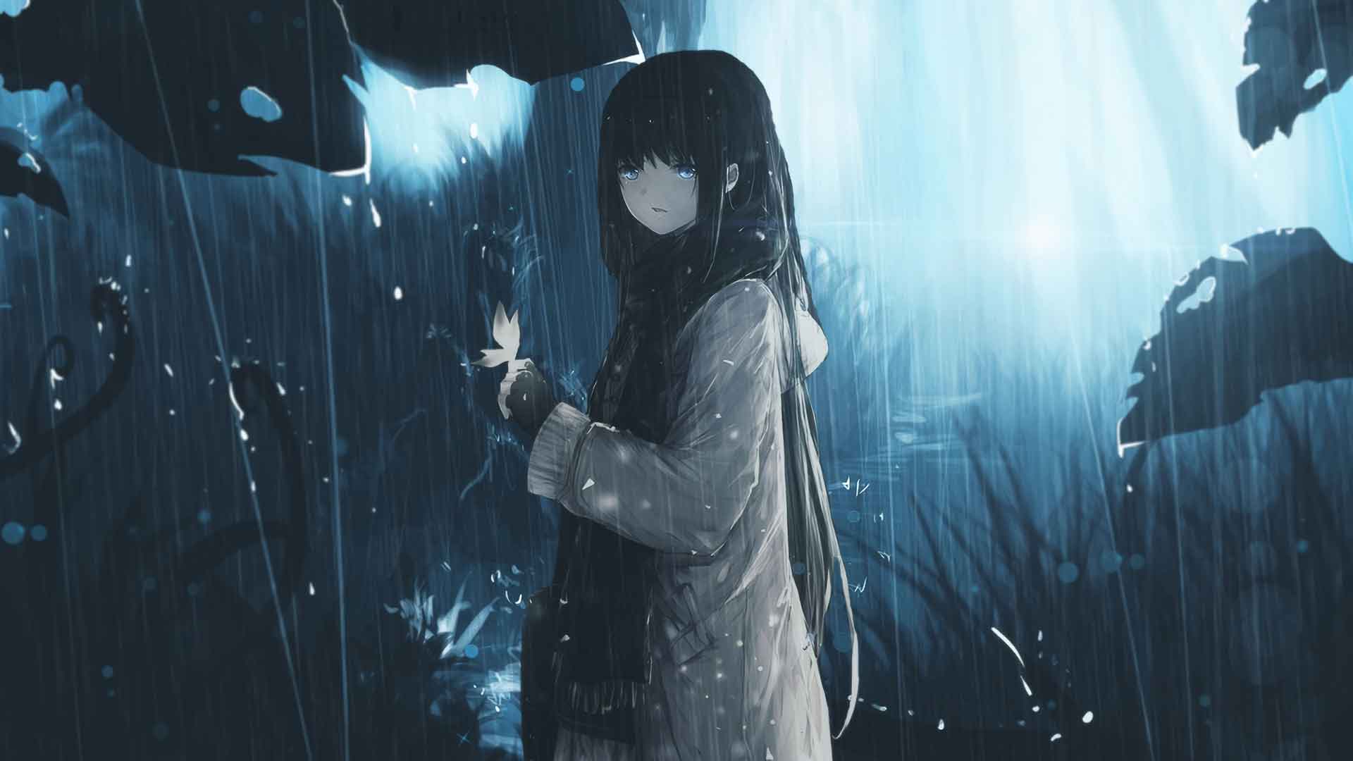 悲伤的动漫女孩在雨中