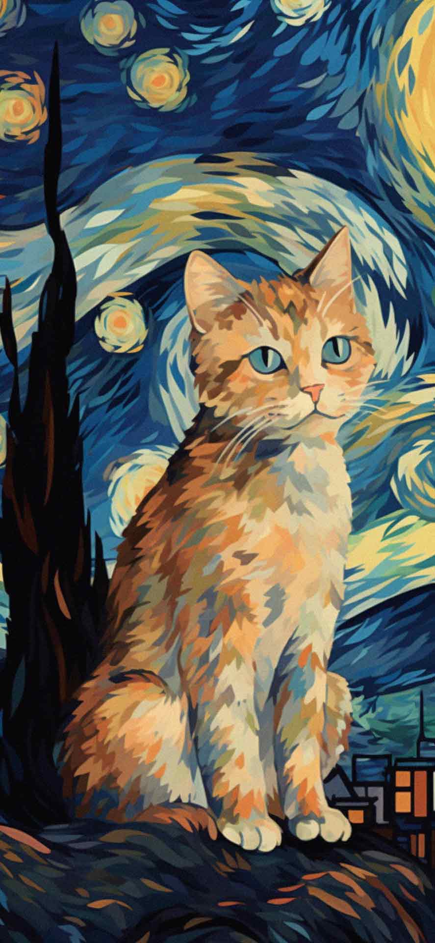 梵高风格壁纸中的棕色猫