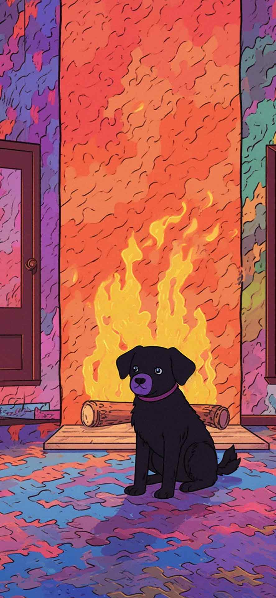 壁炉旁可爱的黑狗壁纸