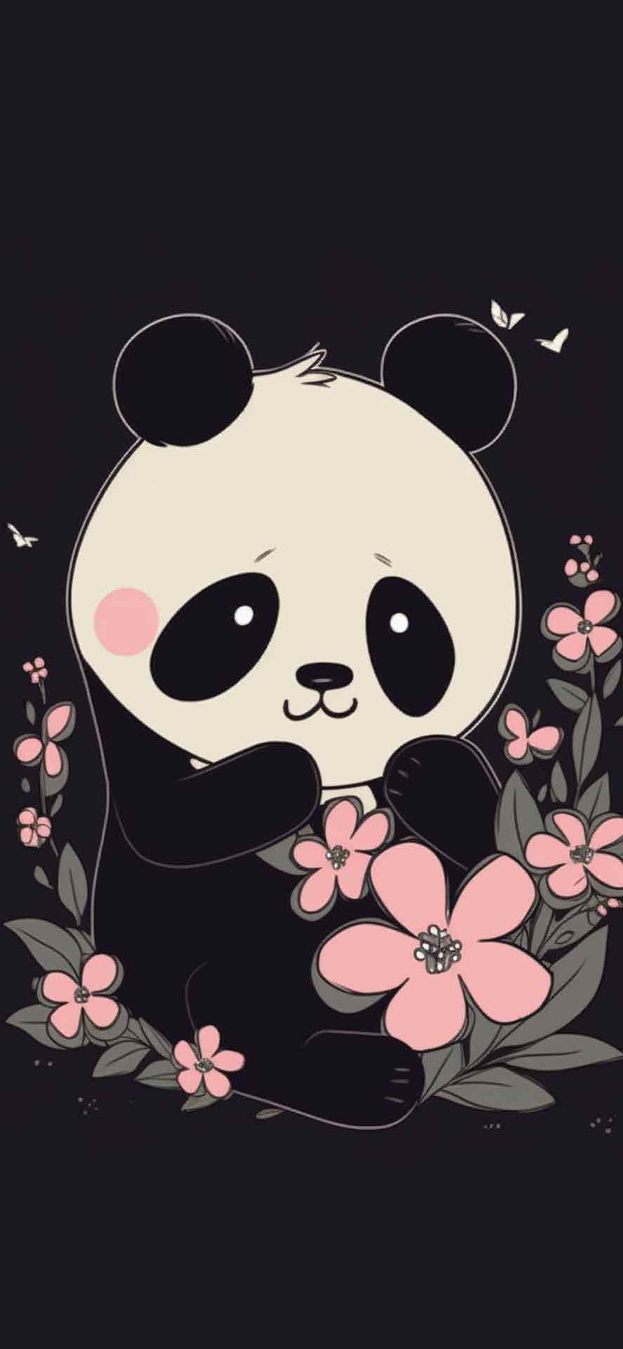 可爱的熊猫和花朵黑色壁纸