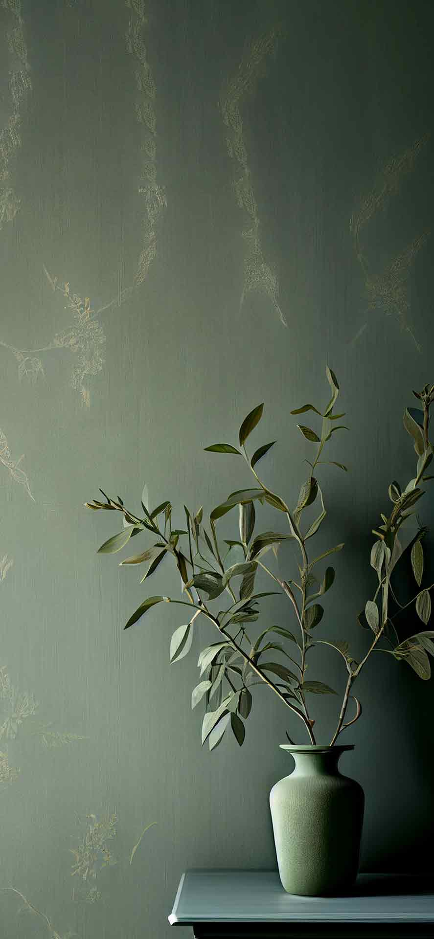 花瓶与橄榄鼠尾草绿色壁纸