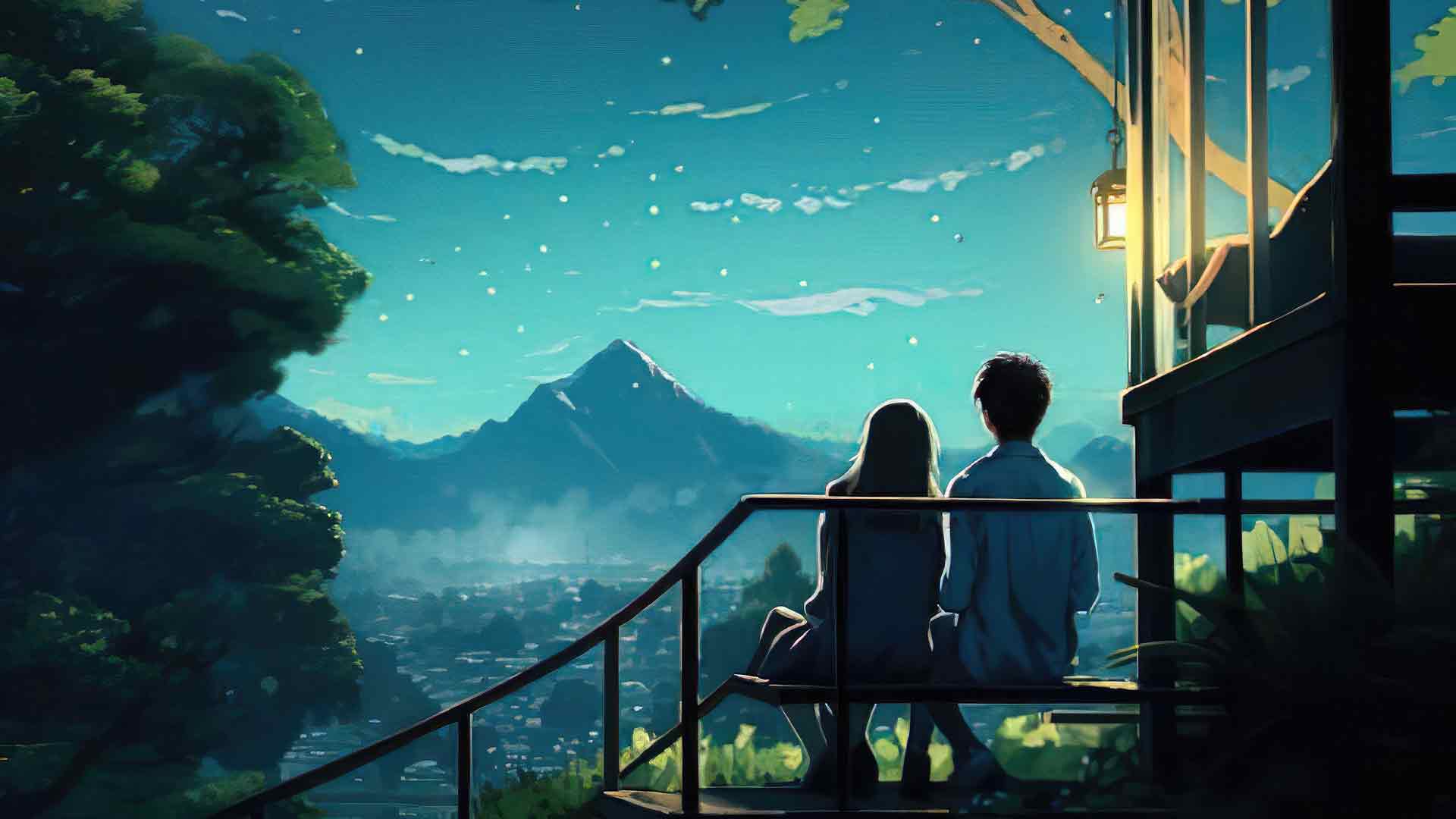动漫情侣坐在长凳上看风景 2K