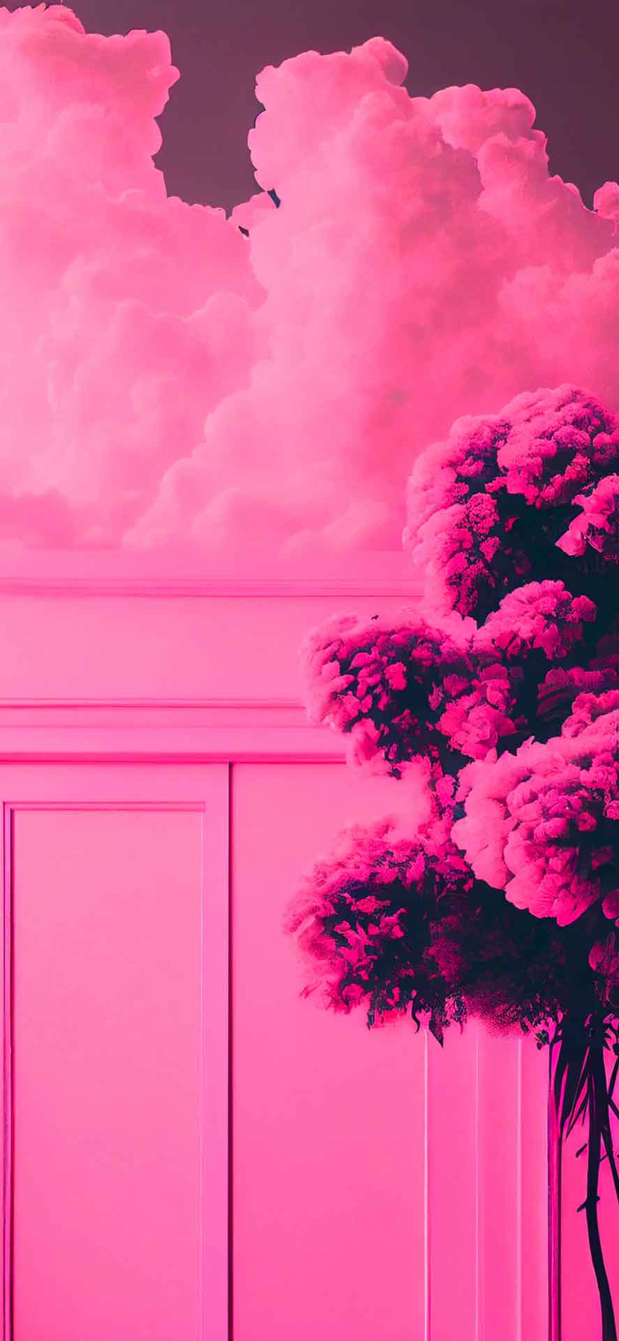 云朵、墙壁和树木美学粉红色壁纸