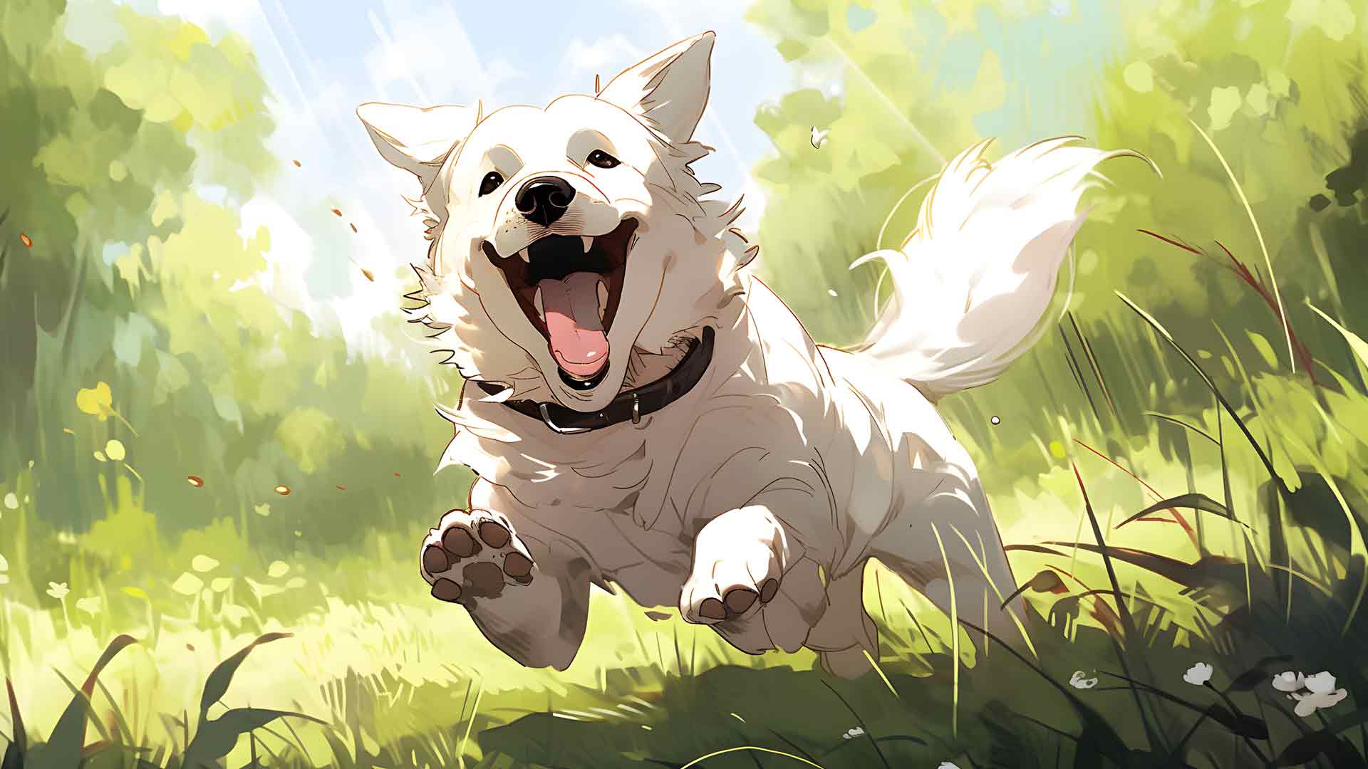 快乐的白狗在草地上奔跑桌面壁纸