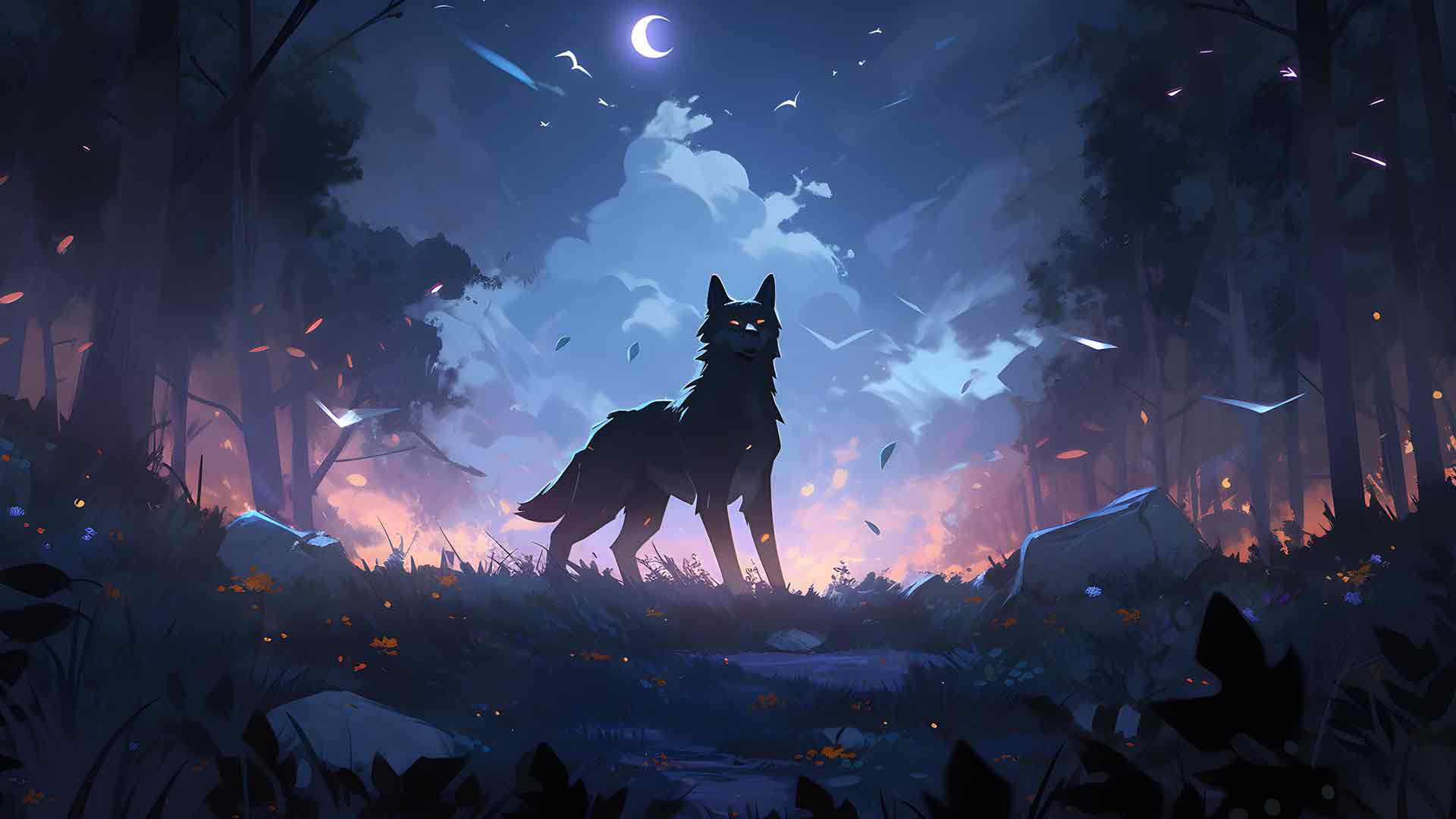 狼在夜间森林桌面壁纸