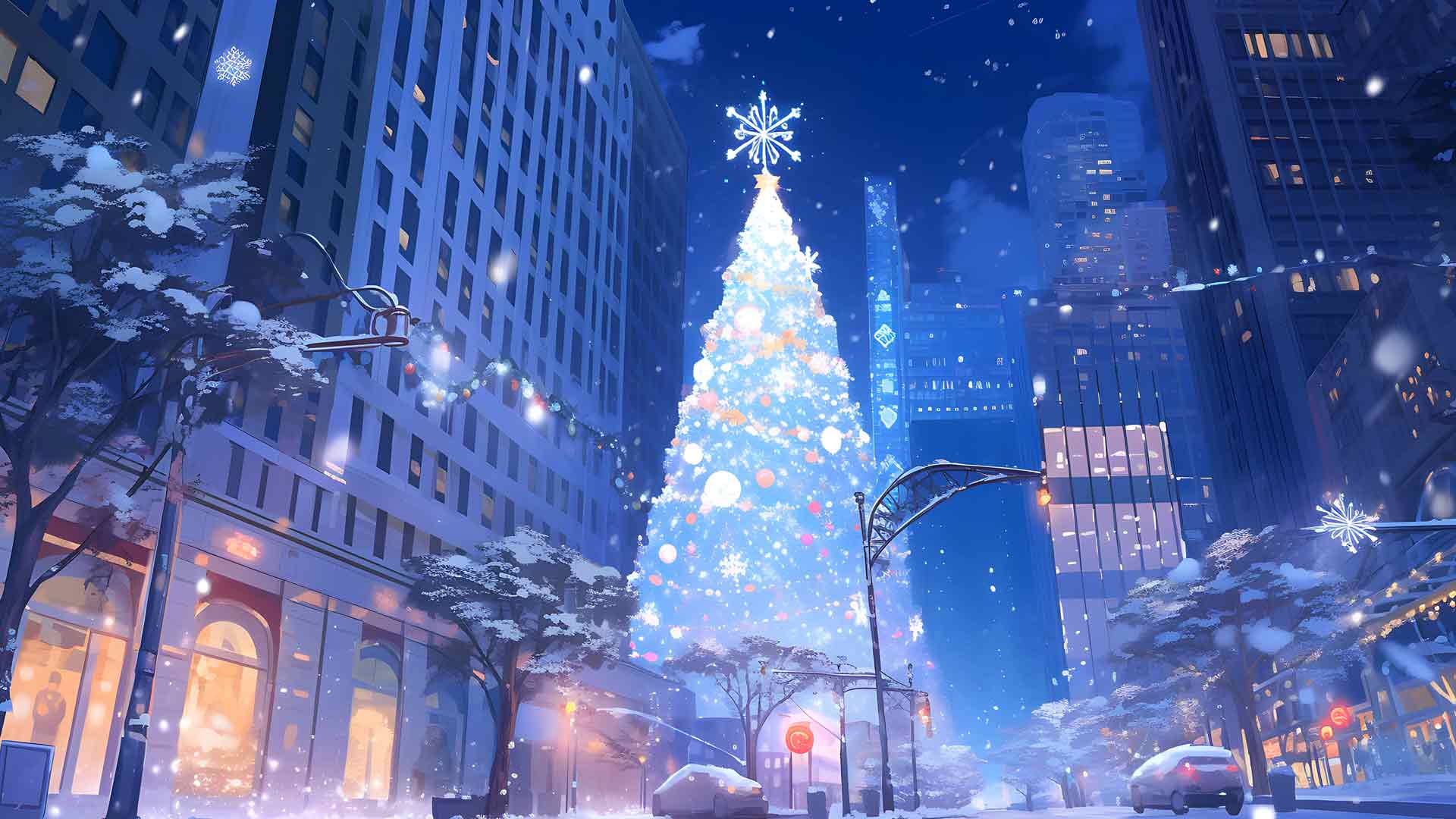 美丽的圣诞树夜晚城市景观桌面壁纸