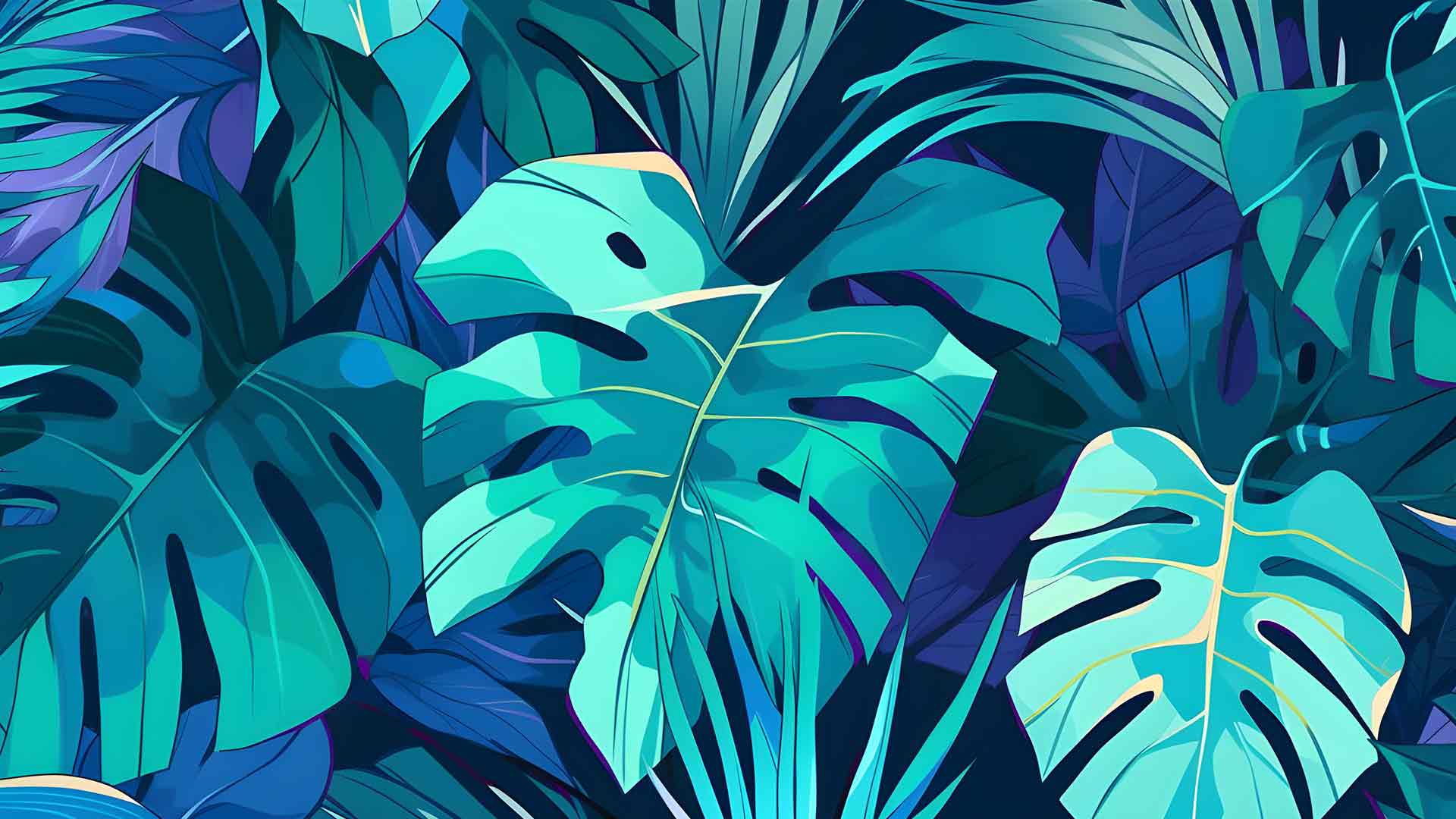 蓝色和绿色热带树叶桌面壁纸