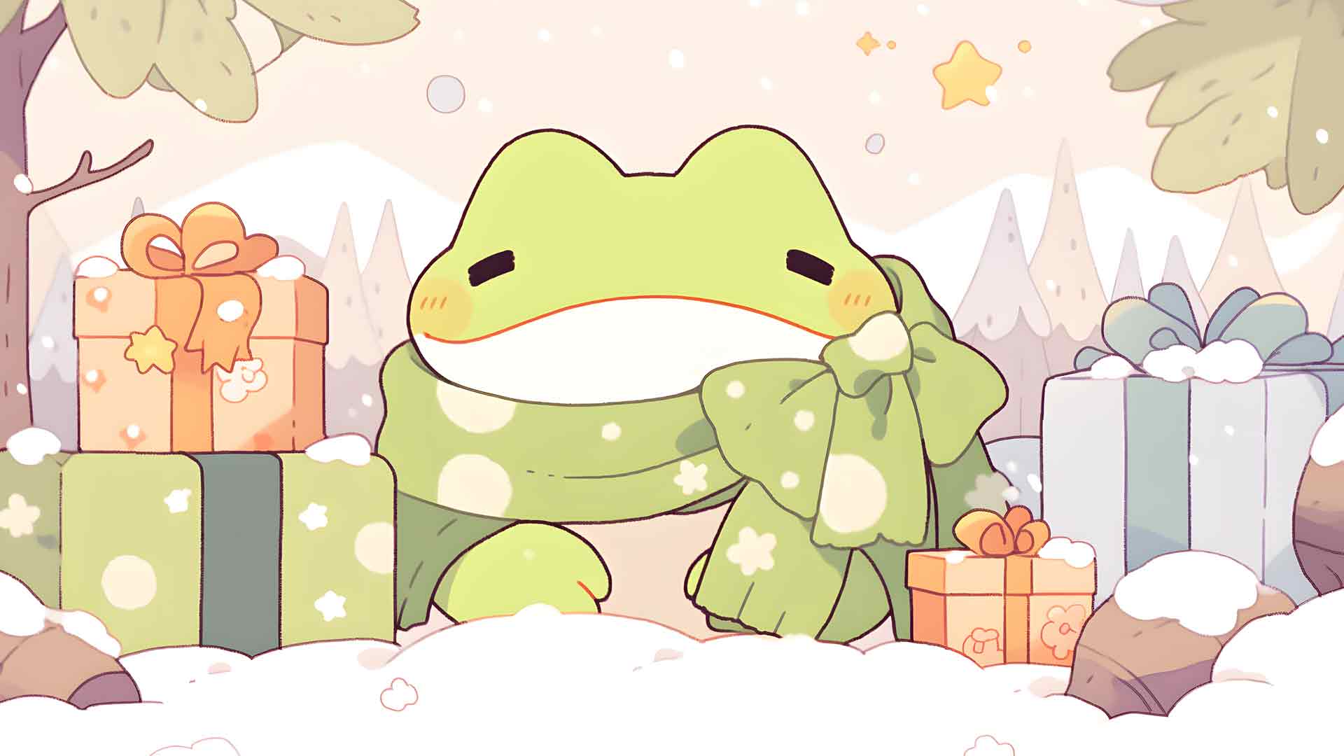 可爱的青蛙与圣诞礼物桌面壁纸