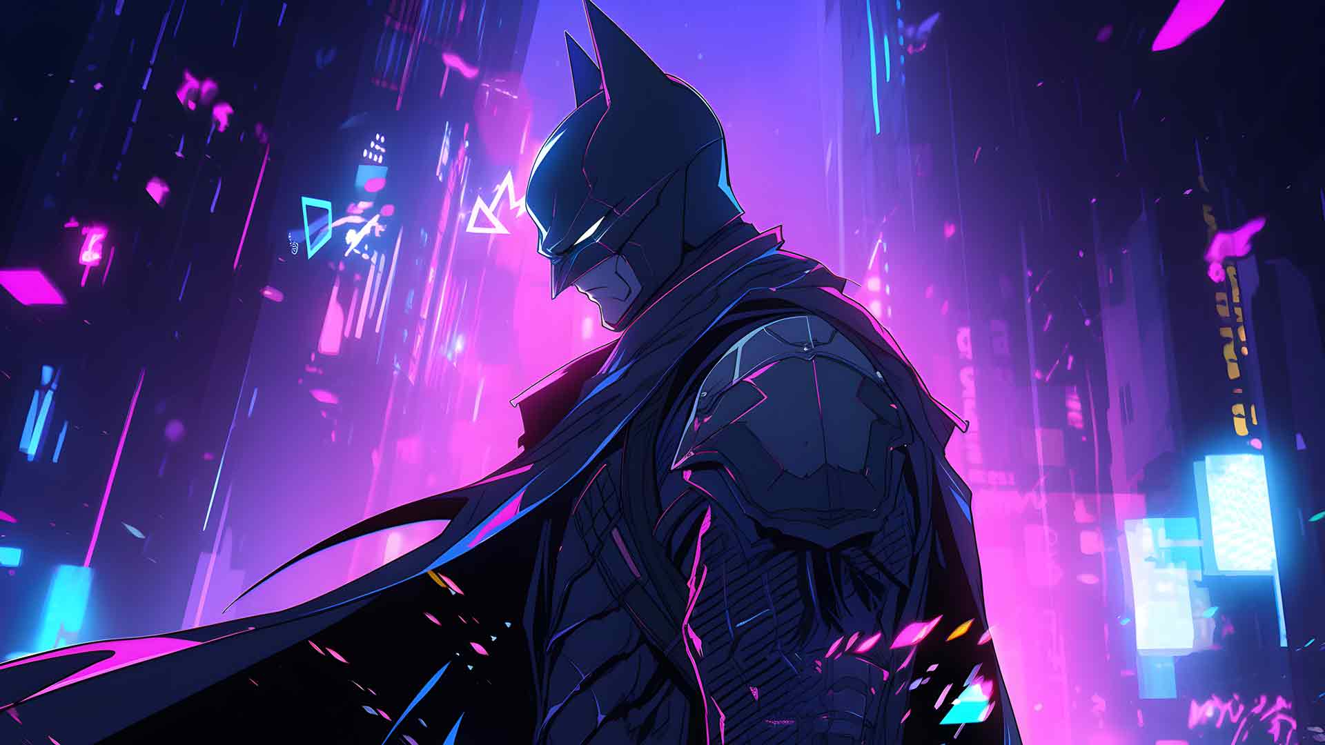 蝙蝠侠在夜晚紫色城市桌面壁纸