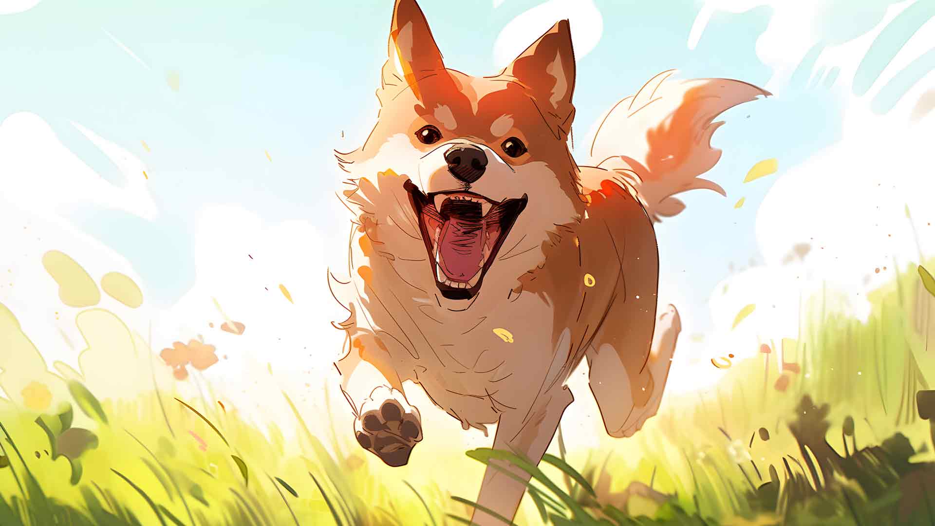 快乐的狗在草地上奔跑艺术桌面壁纸