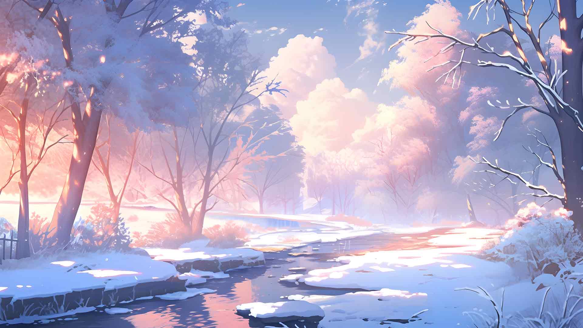 阳光明媚的冬季森林和河流桌面壁纸