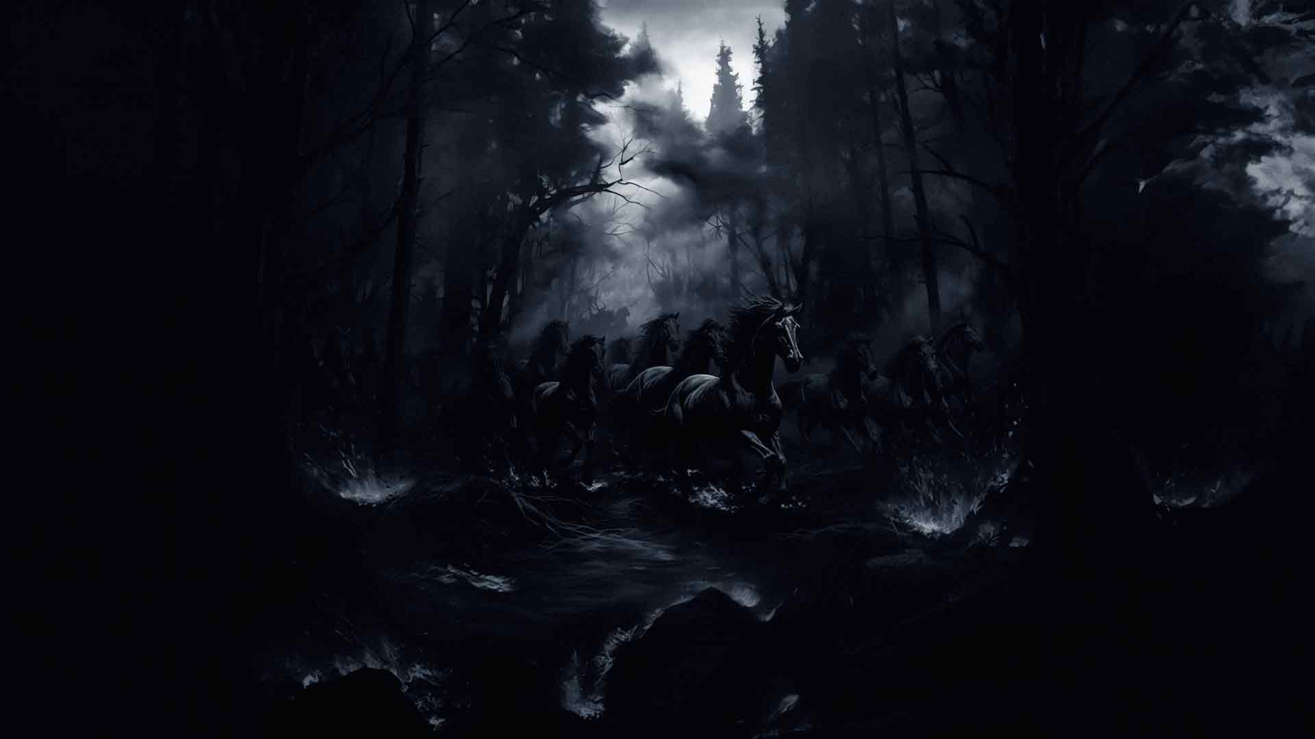 午夜驰骋：黑森林中的神秘马匹 4K壁纸