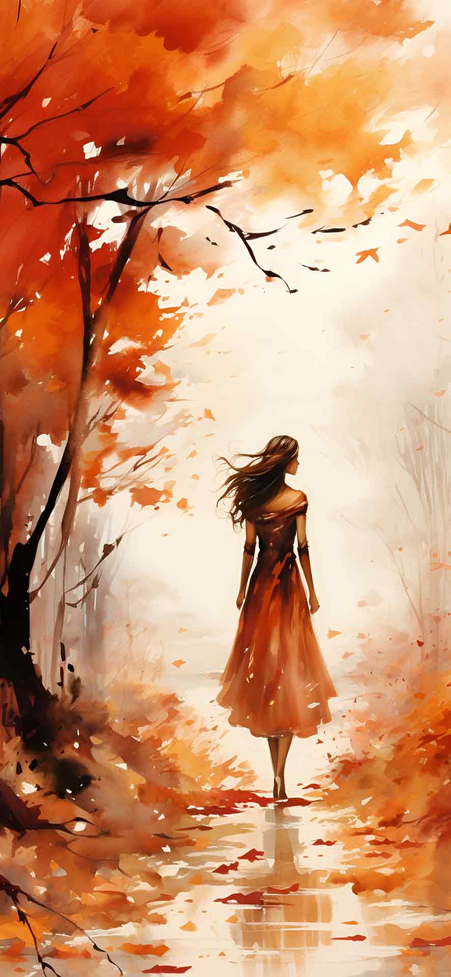 森林秋天水彩壁纸中的女孩