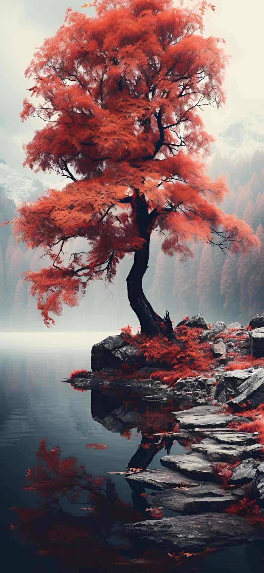 红色秋天树在湖壁纸