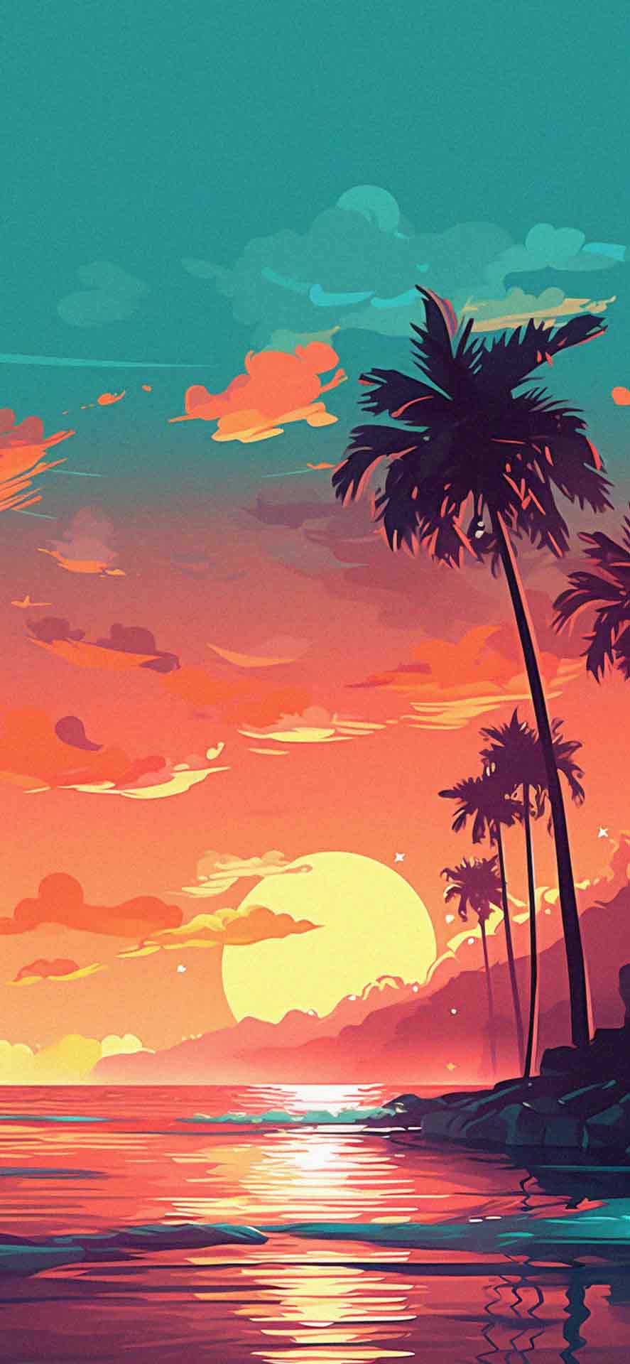 红色夕阳和棕榈树夏季壁纸