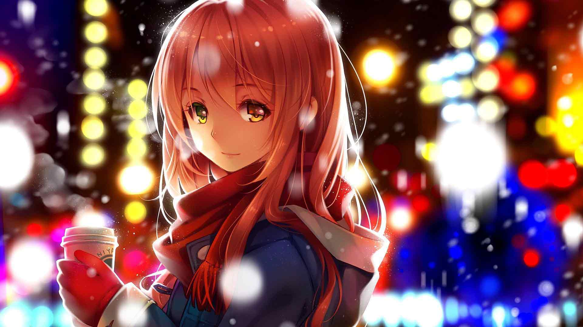 红头发 冬季 散景灯 动漫女孩