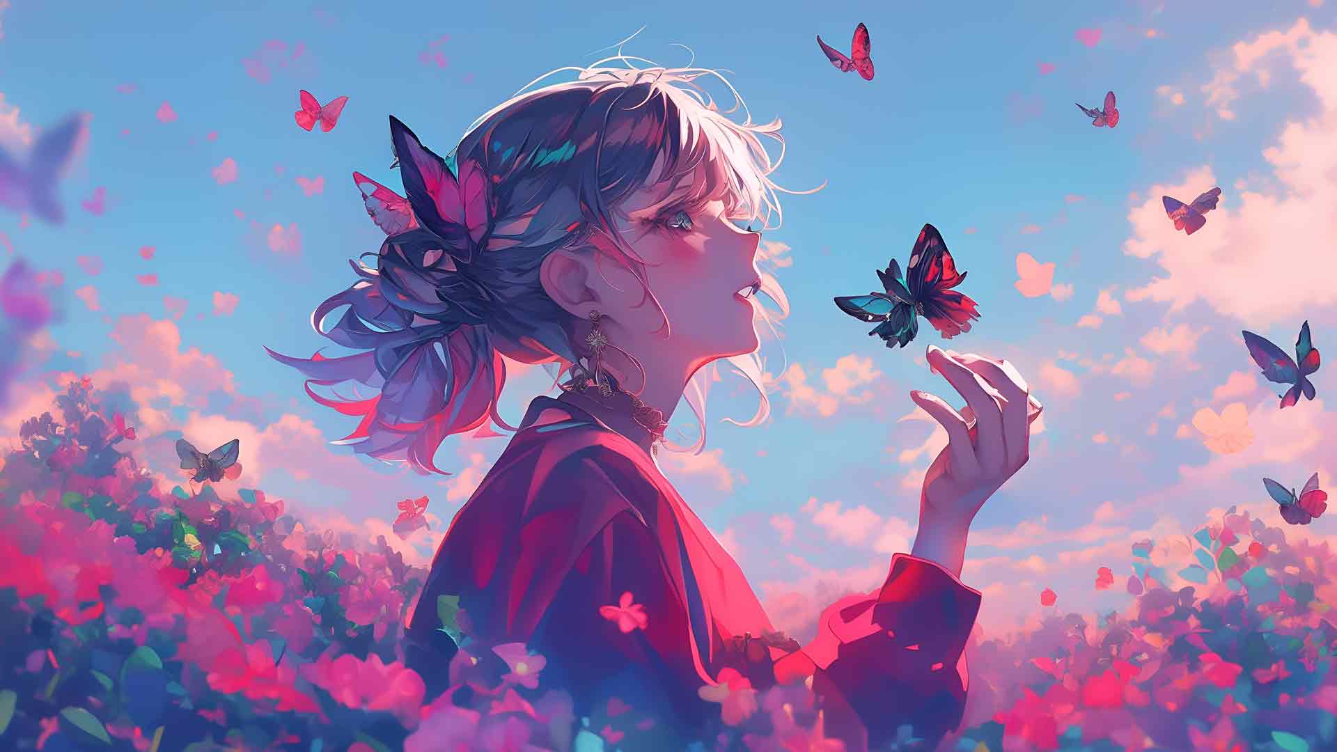 动漫女孩与花朵和蝴蝶桌面壁纸