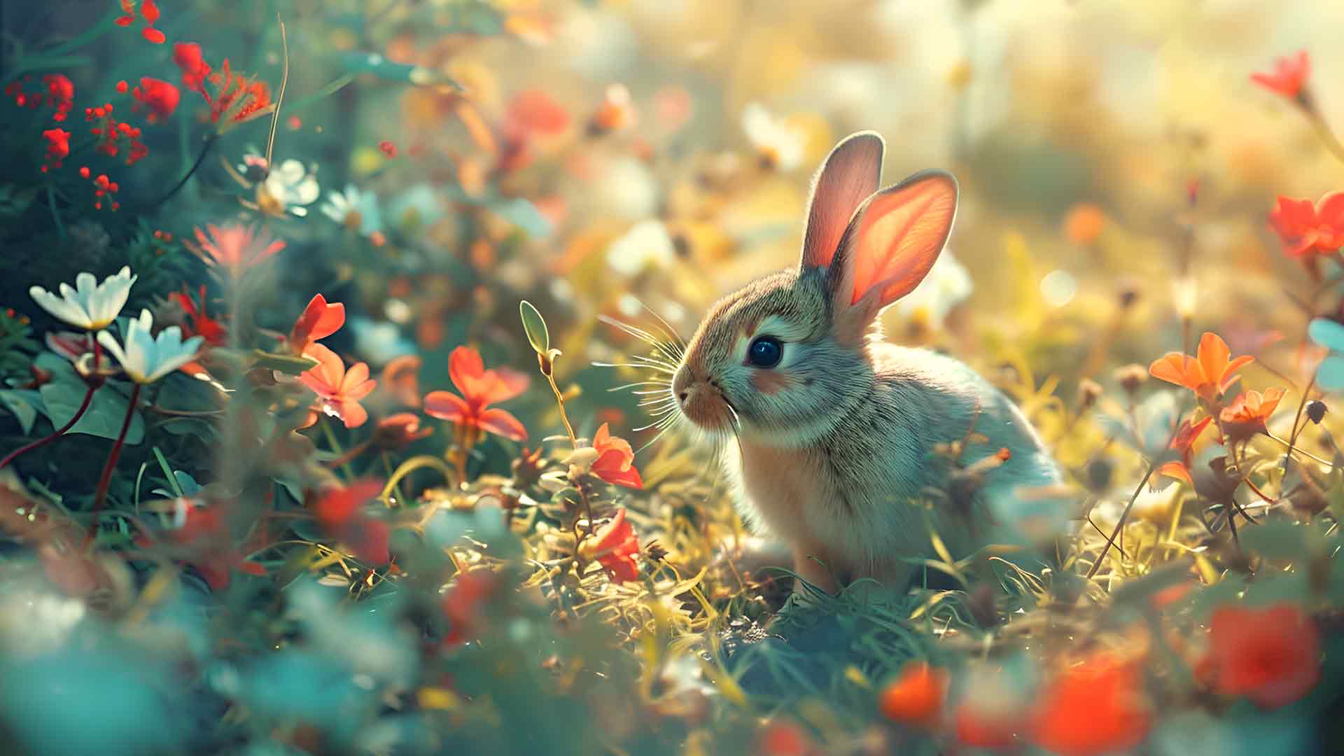 兔子在森林鲜花现实桌面壁纸