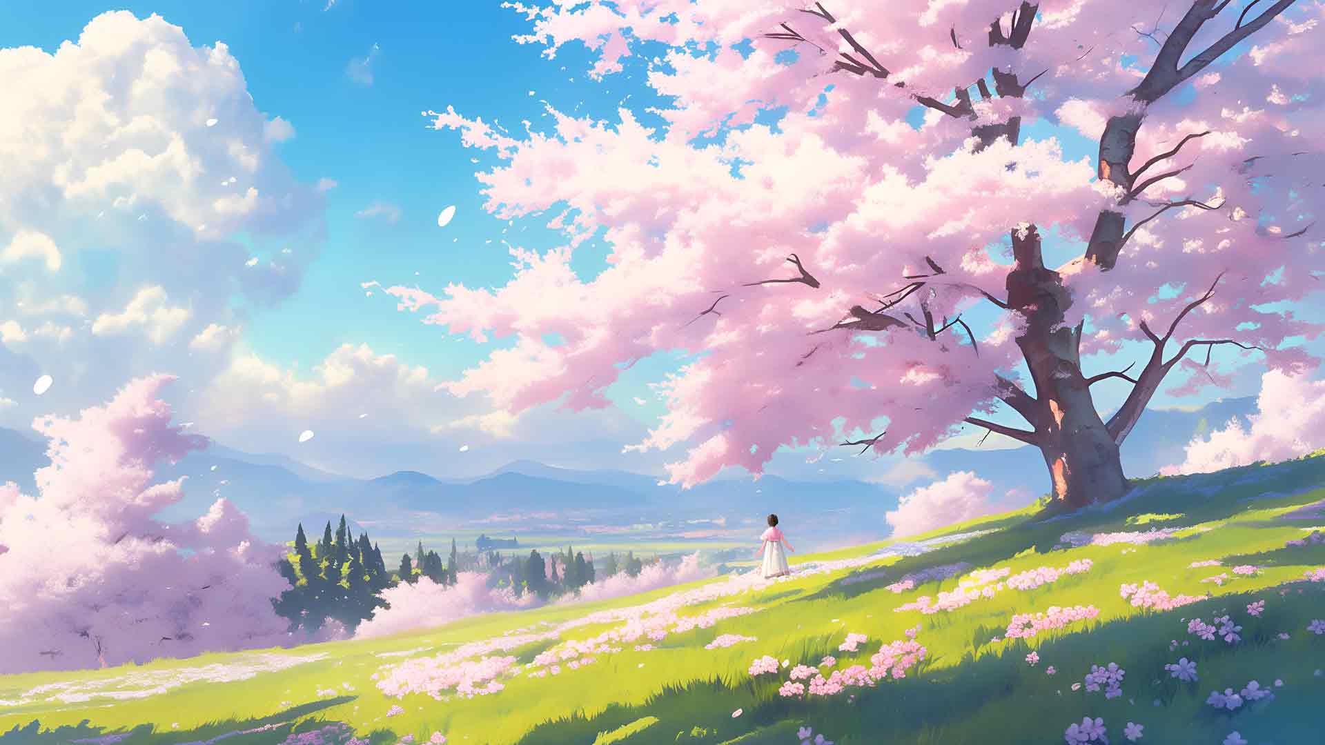 樱花下的风景女孩桌面壁纸