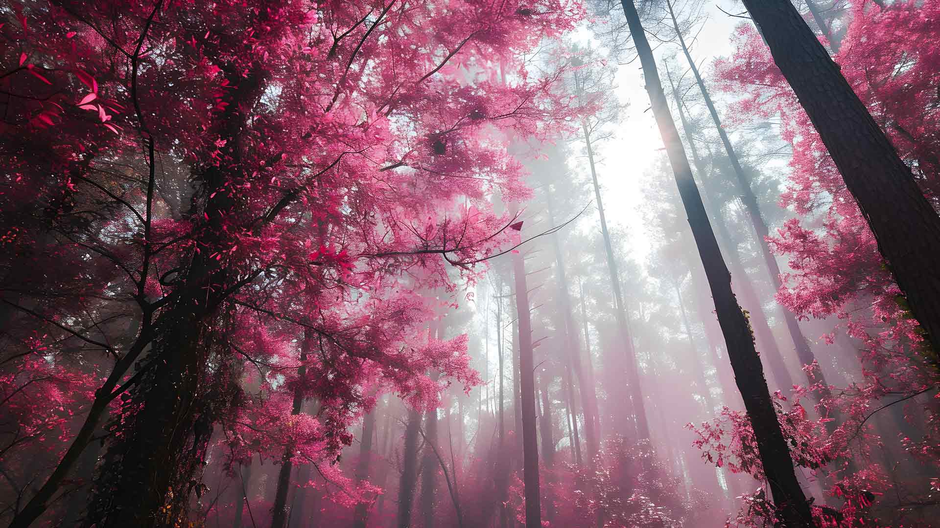 迷雾森林与粉红色的树木桌面壁纸