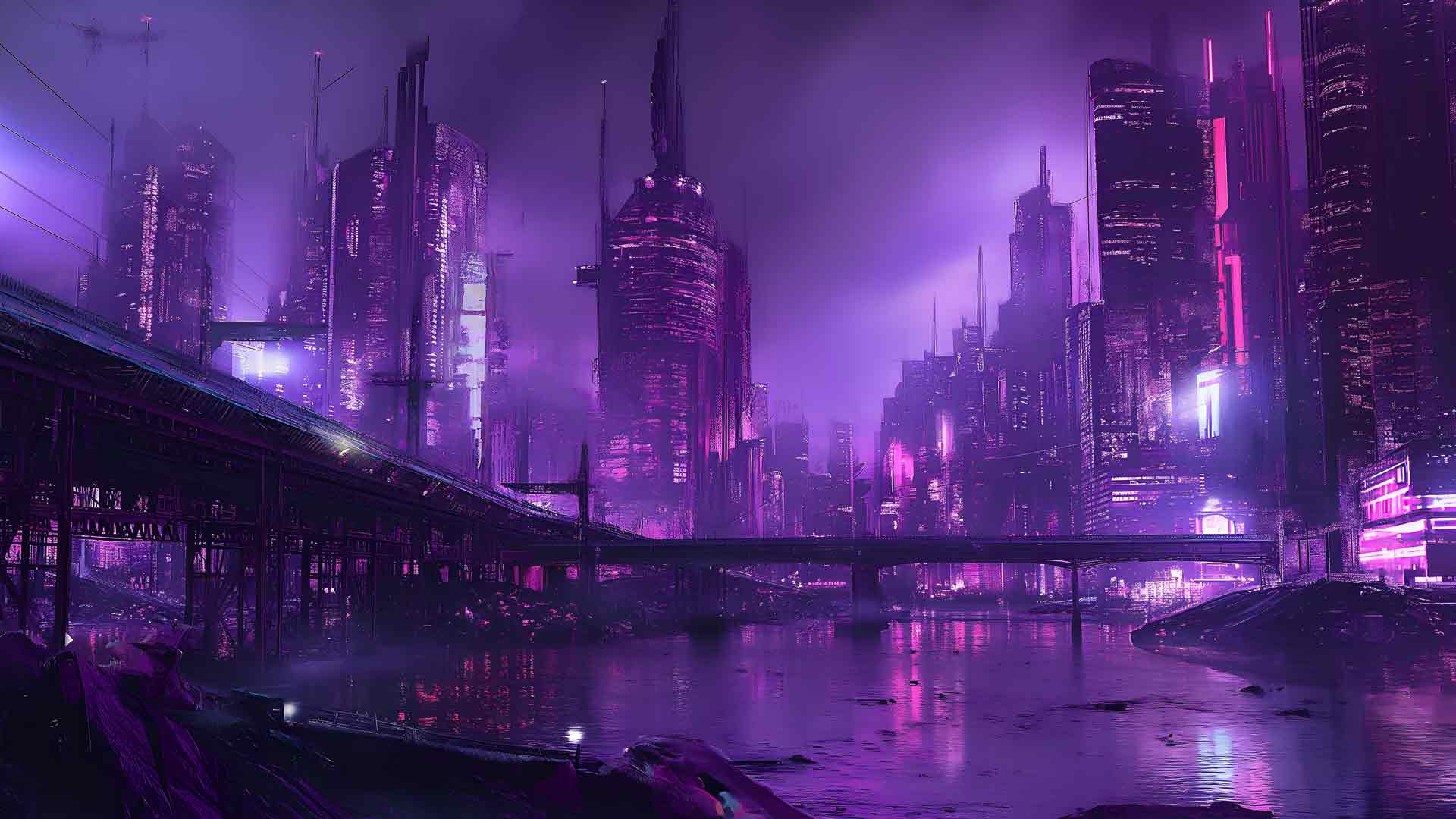 霓虹灯紫色城市景观桌面壁纸