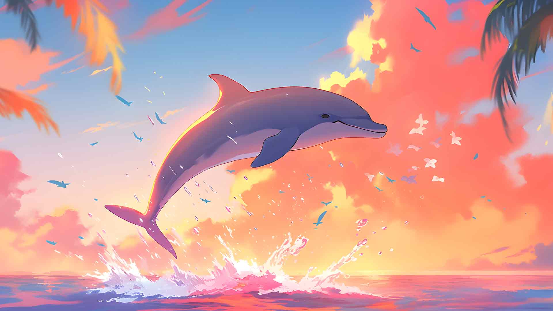 日落和跳跃的海豚壁纸