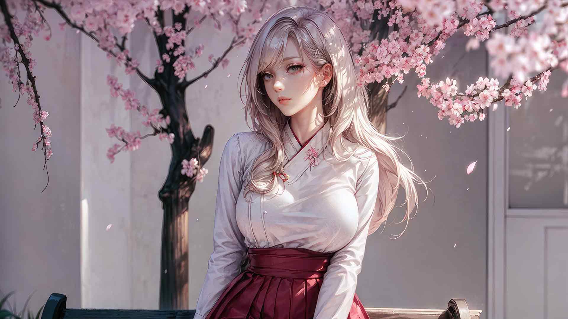 动漫女孩白发坐在长凳上