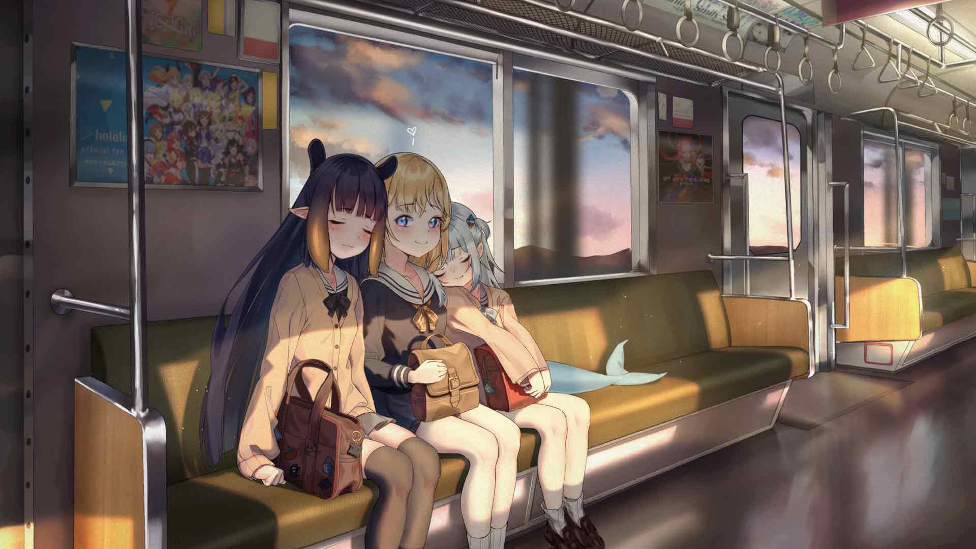 动漫女孩在火车上闭着眼睛微笑水手制服