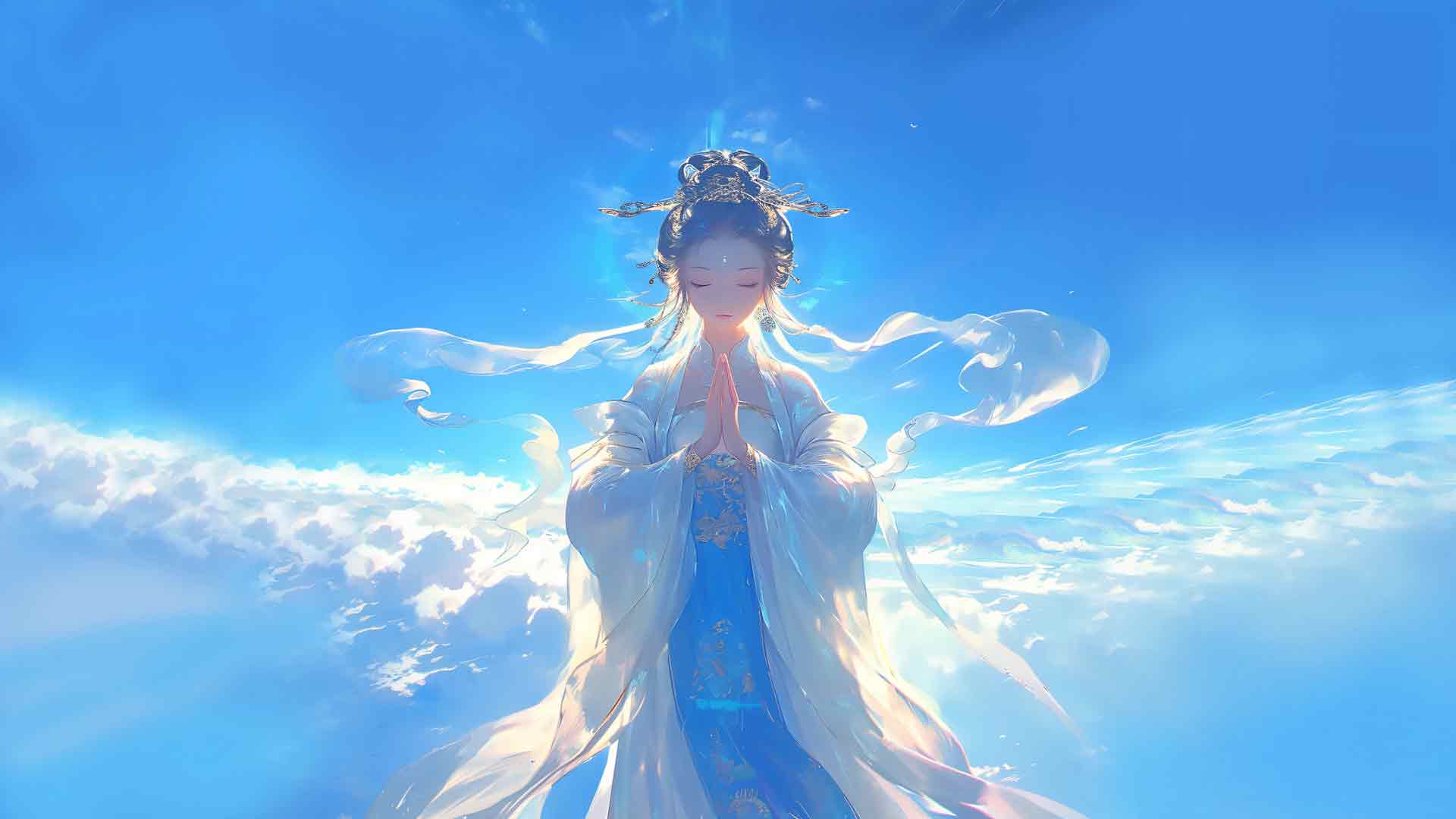 佛系 女神 仙女 双手合十 蓝色天空 4k壁纸