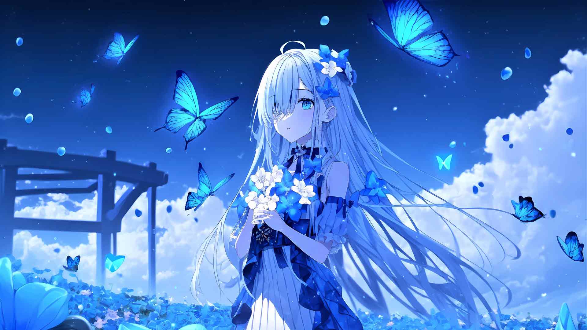 美丽的动漫女孩 蝴蝶 蓝色背景 4K