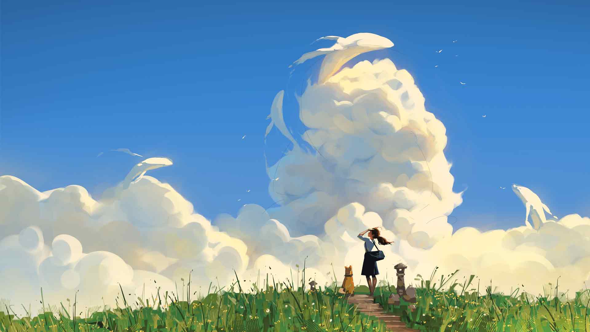 站着绿色原野上，望着天空的云朵化的鱼儿，动漫女生和她的宠物狗狗唯美高清桌面壁纸图片