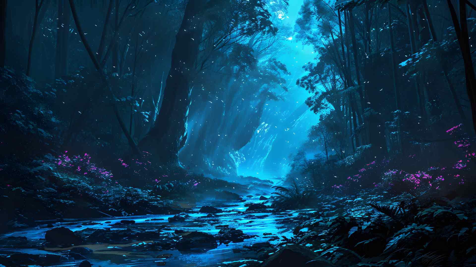 雾中的蓝色夜晚森林桌面壁纸