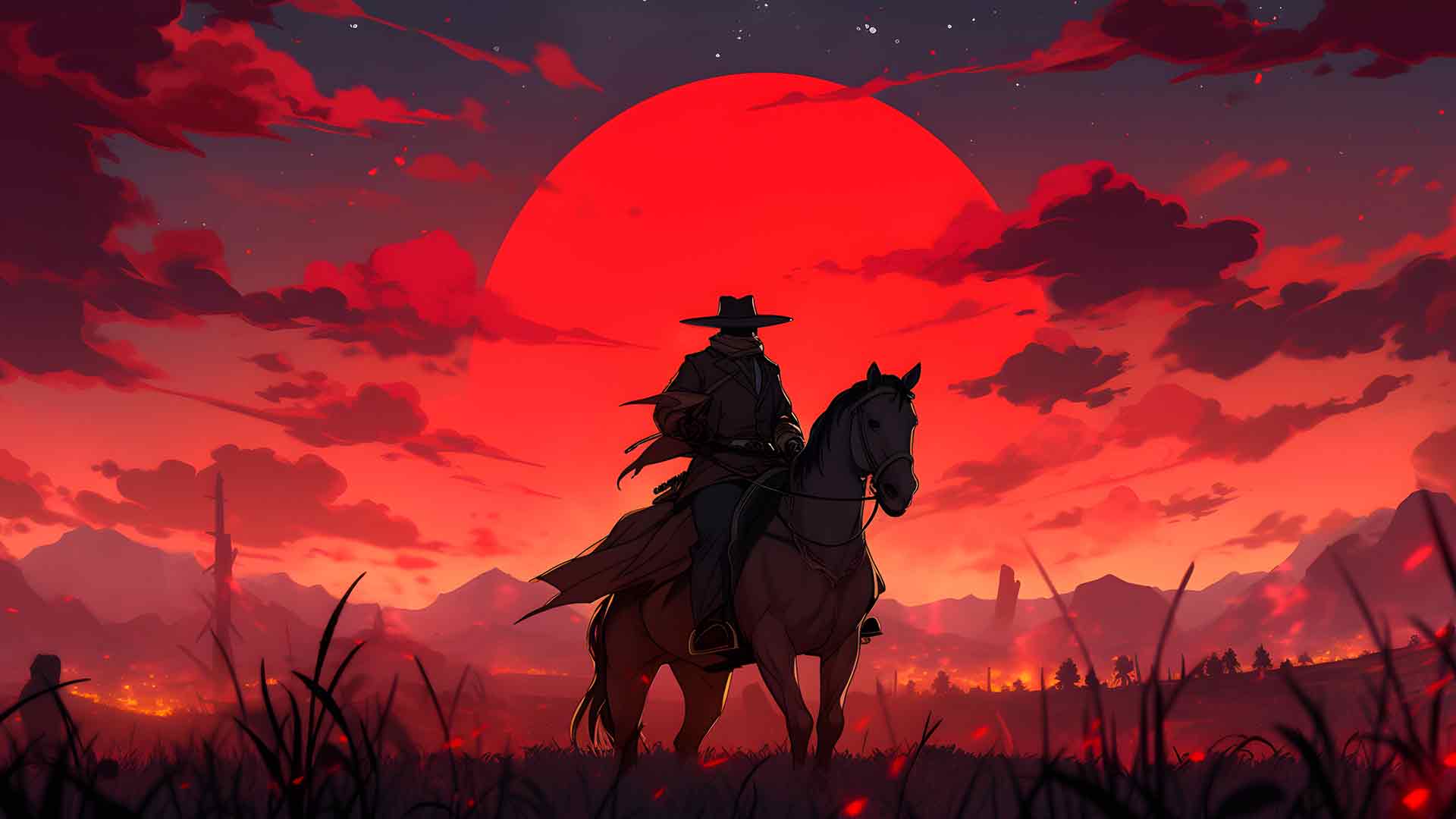 牛仔骑马和红月亮桌面壁纸