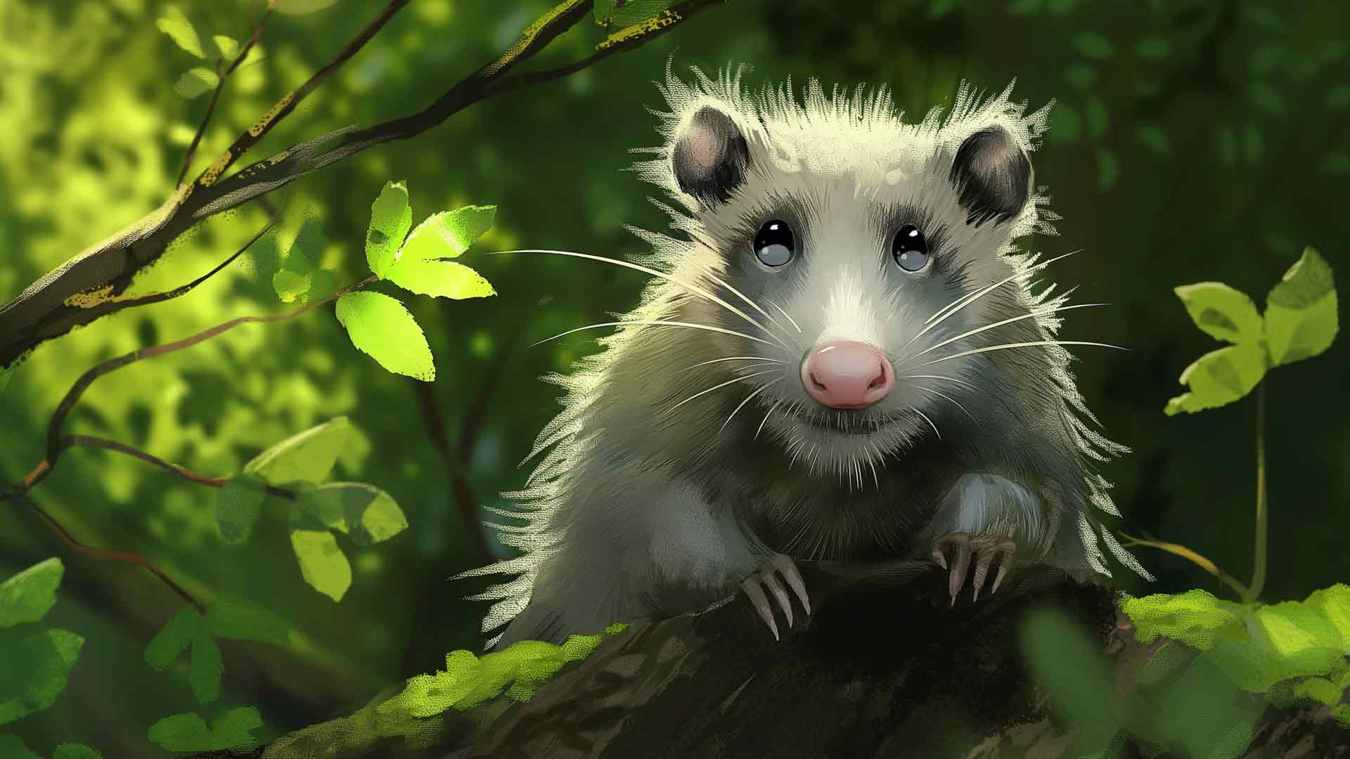 有趣的负鼠在绿色森林桌面壁纸