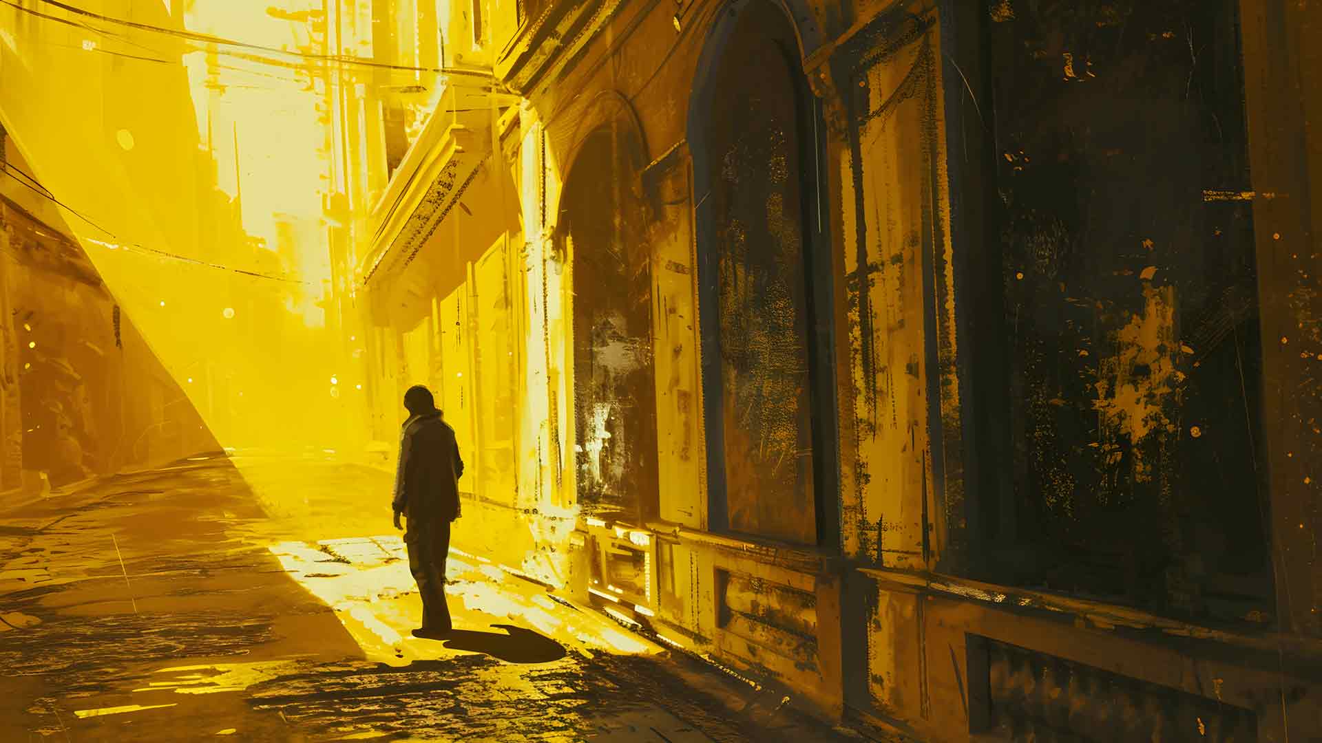 老街上孤独的人黄色审美桌面壁纸
