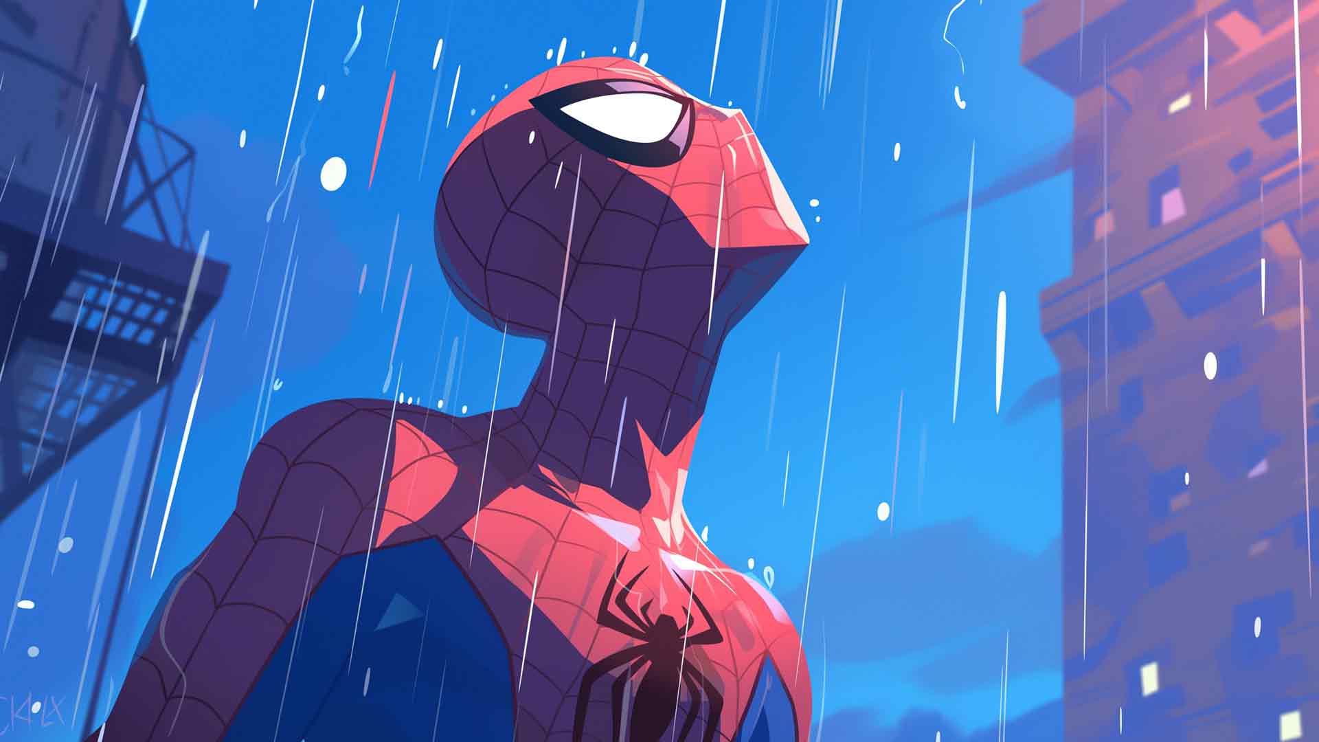 漫威蜘蛛侠在雨中卡通桌面壁纸