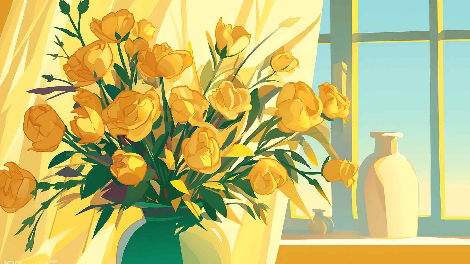 花瓶里有美丽的黄色花朵桌面壁纸