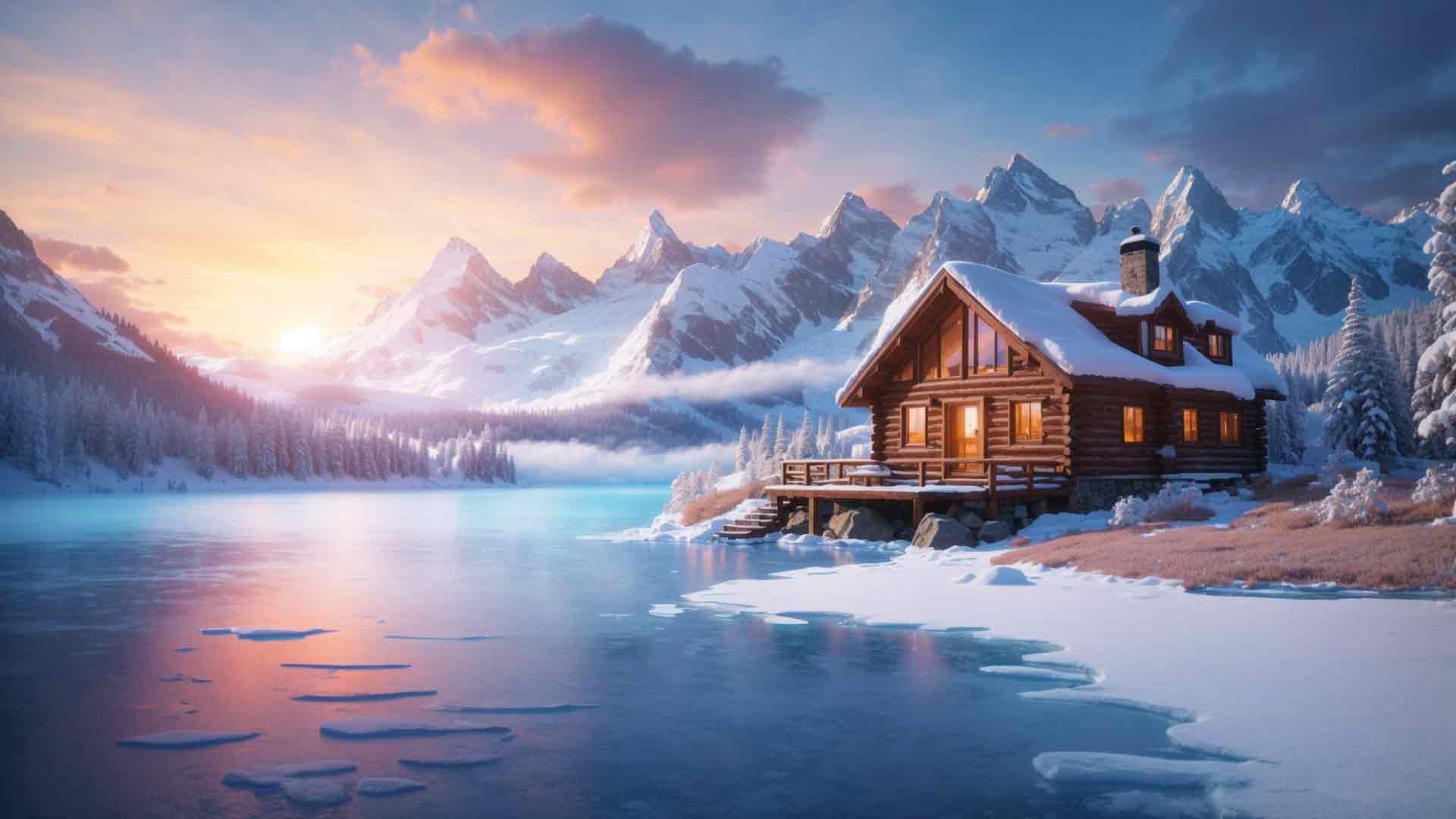 冬天 房子 湖 日落