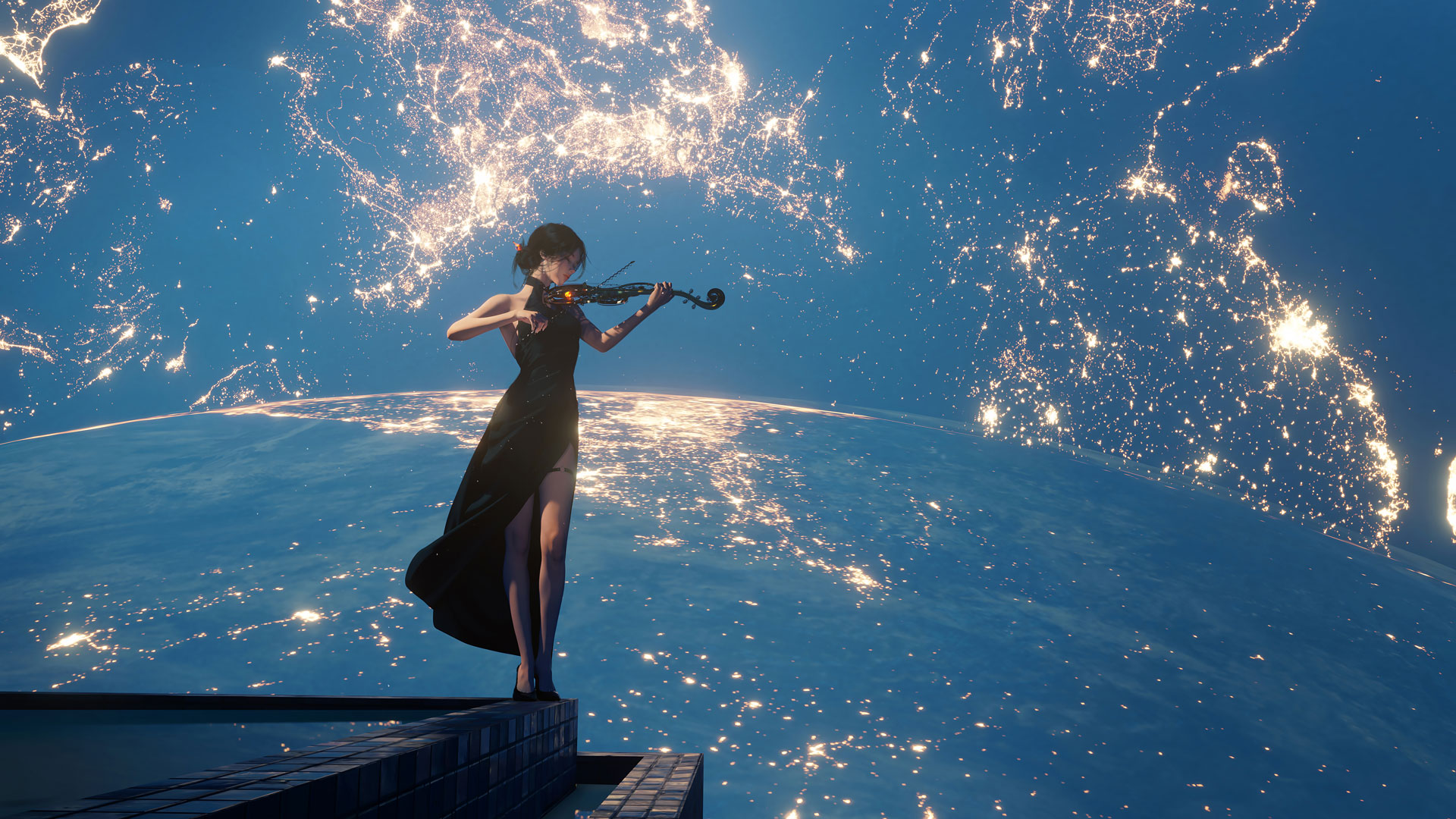 WLOP 数字艺术 拉小提琴 幻想女孩 5K 8K 超现实主义 行星地球