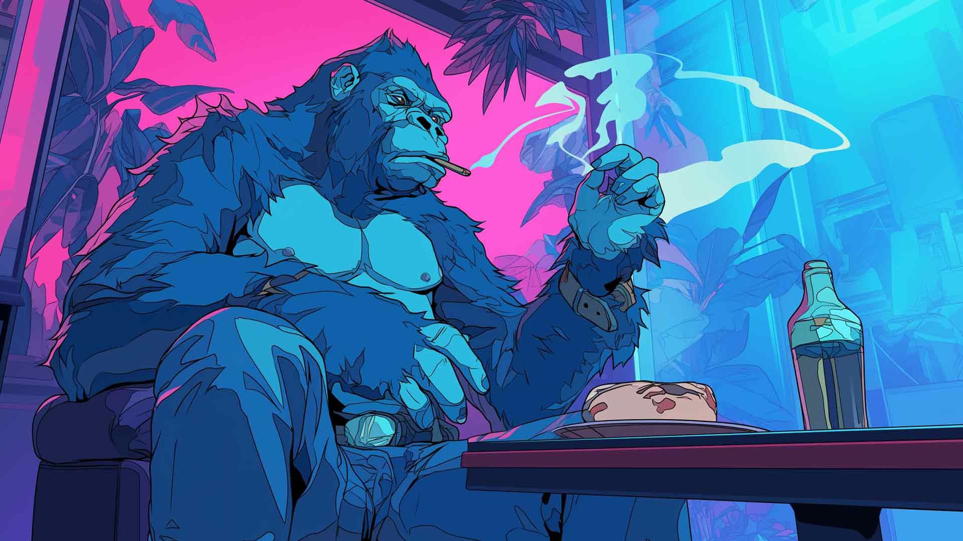大猩猩在餐桌上吸烟艺术桌面壁纸
