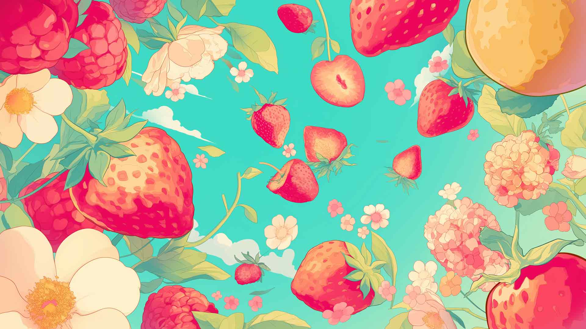 草莓与鲜花蓝色桌面壁纸