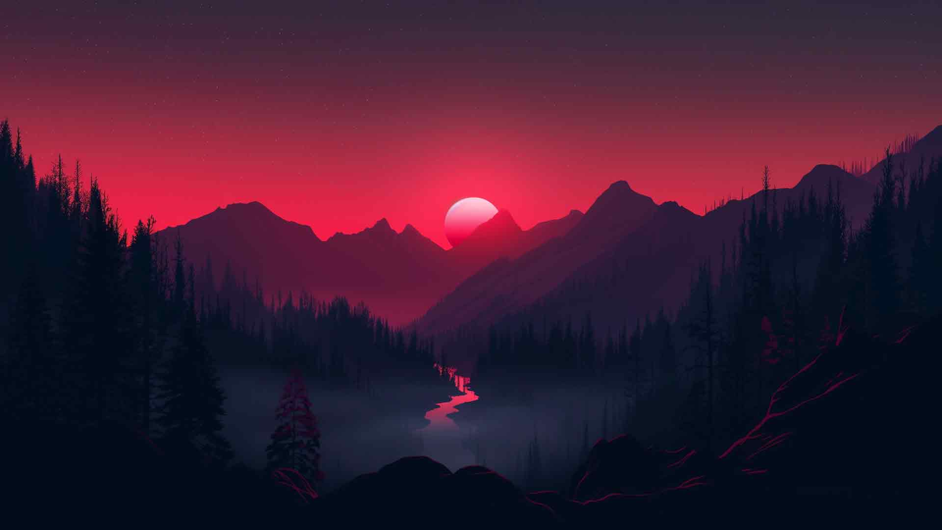红色夕阳山风景桌面壁纸