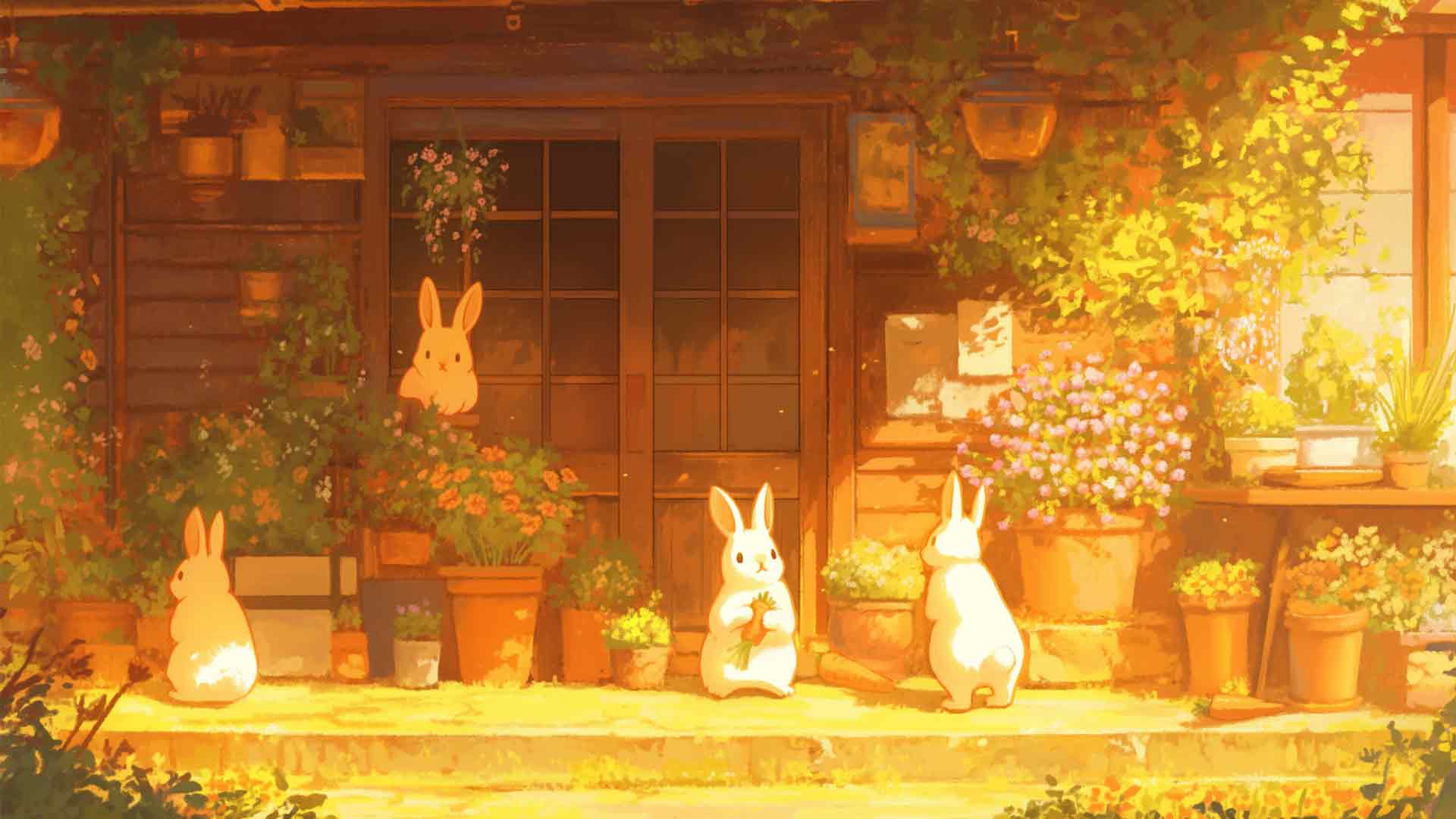 甜蜜兔子花园鲜花桌面壁纸