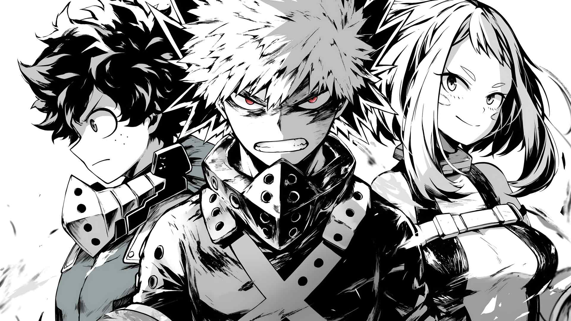 我的英雄学院中的 Deku、Bakugo 和 Uraraka 的漫画风格壁纸