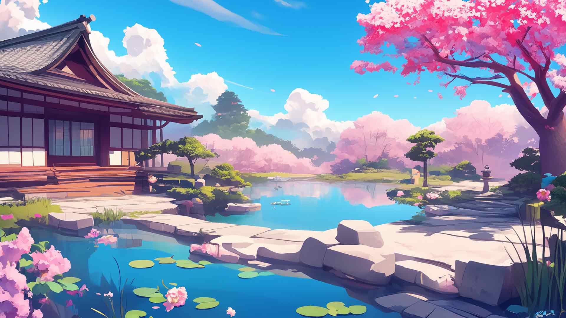 宁静的日本花园樱花池桌面壁纸