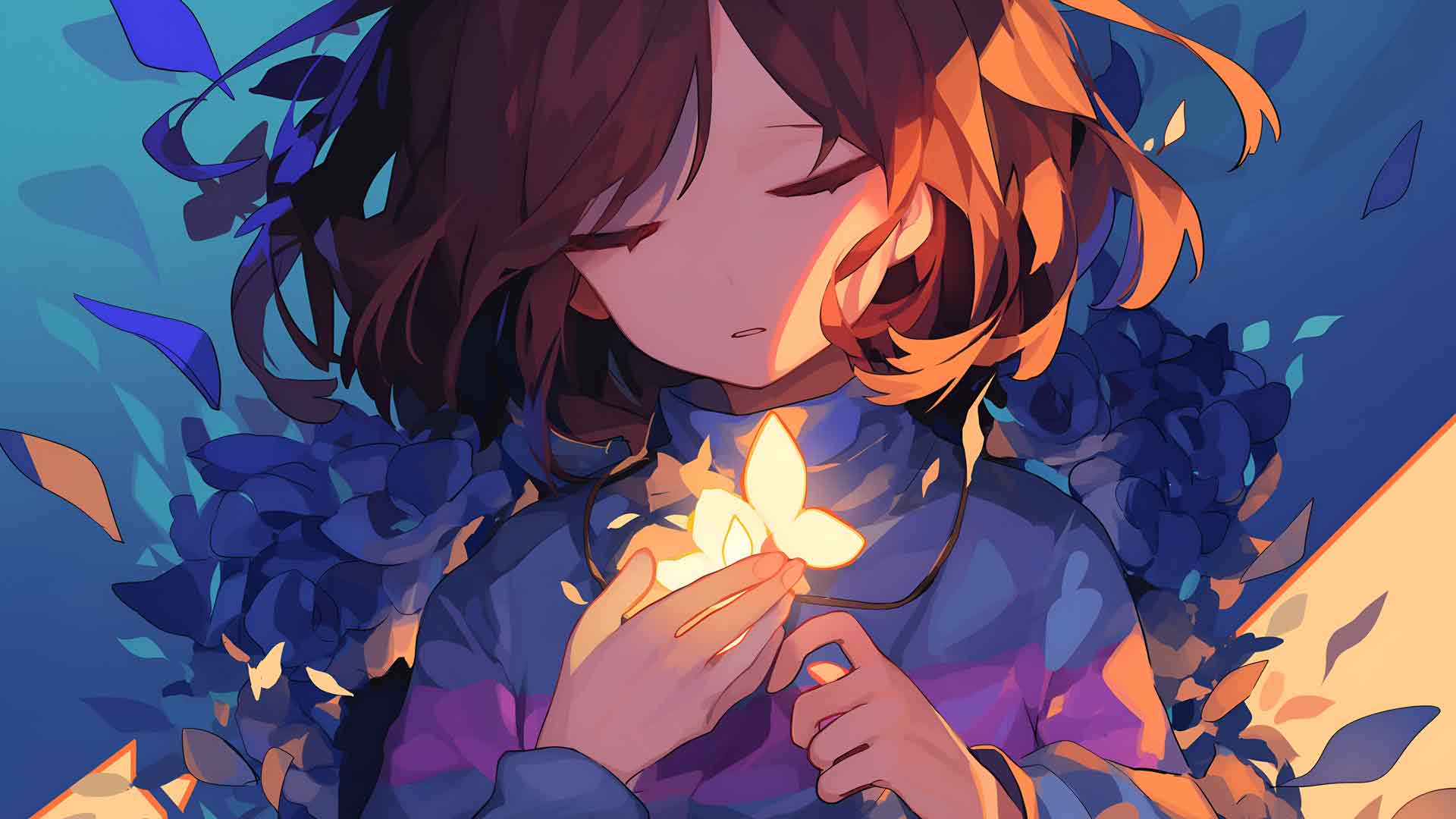 体验 Undertale 中被鲜花包围的 Frisk 的魅力桌面壁纸