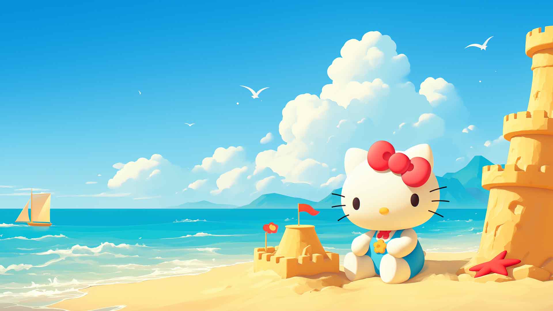 HELLO KITTY 在海滩桌面壁纸