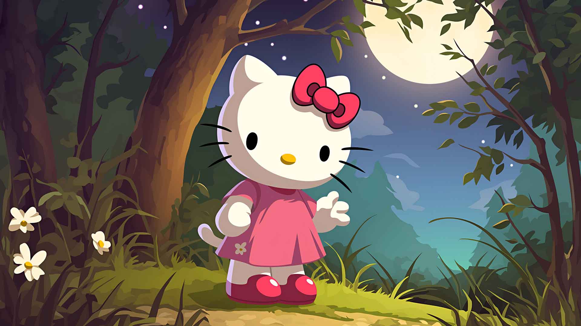 HELLO KITTY 夜晚森林 桌面壁纸