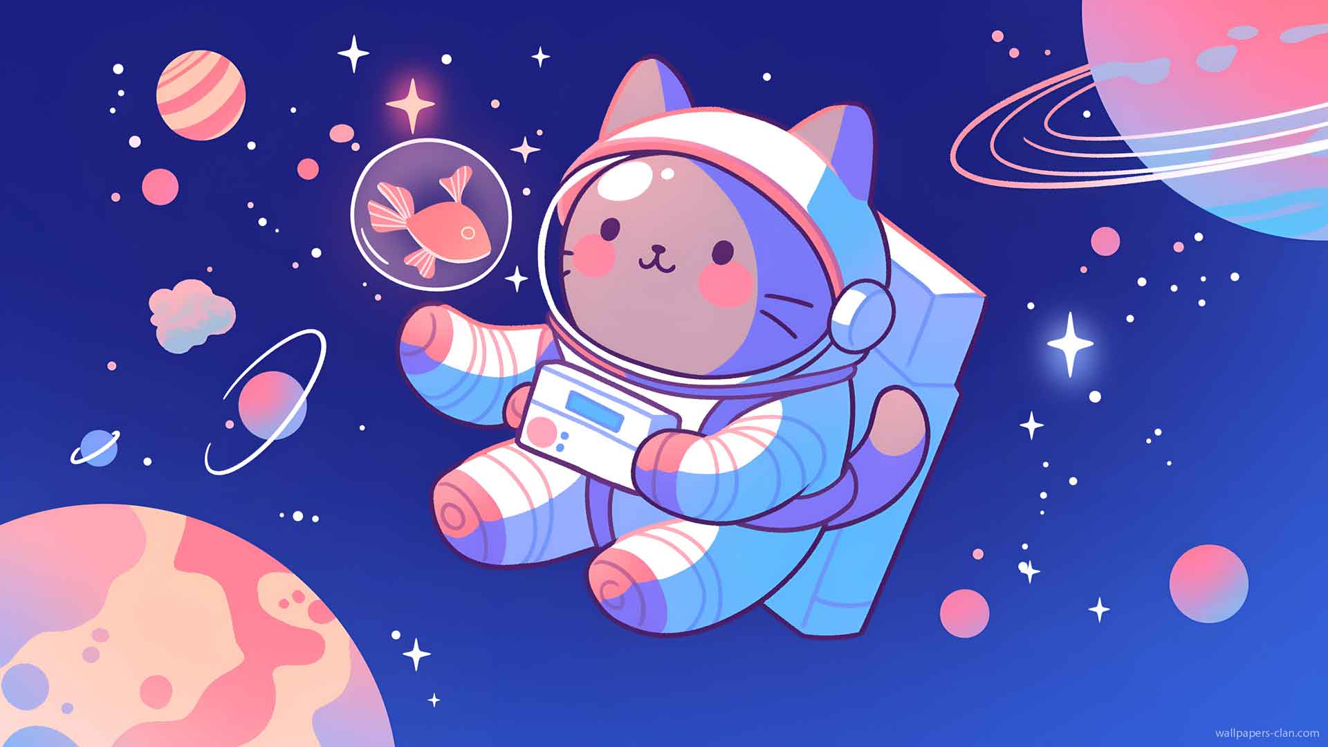 可爱的宇航员猫太空冒险桌面壁纸
