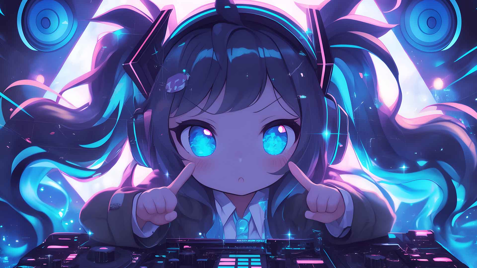 CHIBI 动漫 DJ 女孩耳机桌面壁纸